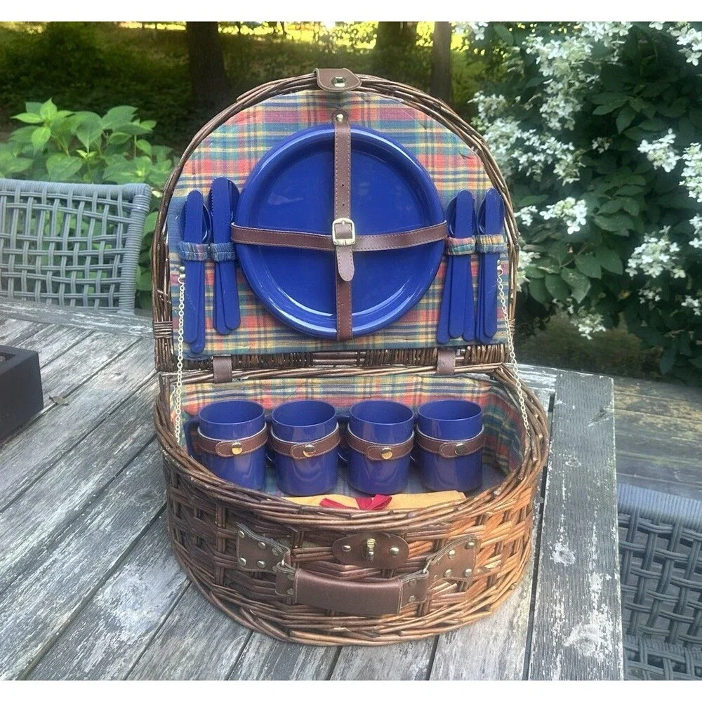 Vintage Brown Wicker Half Moon Picnic Basket Plaid Lined w Blue Dinnerware New